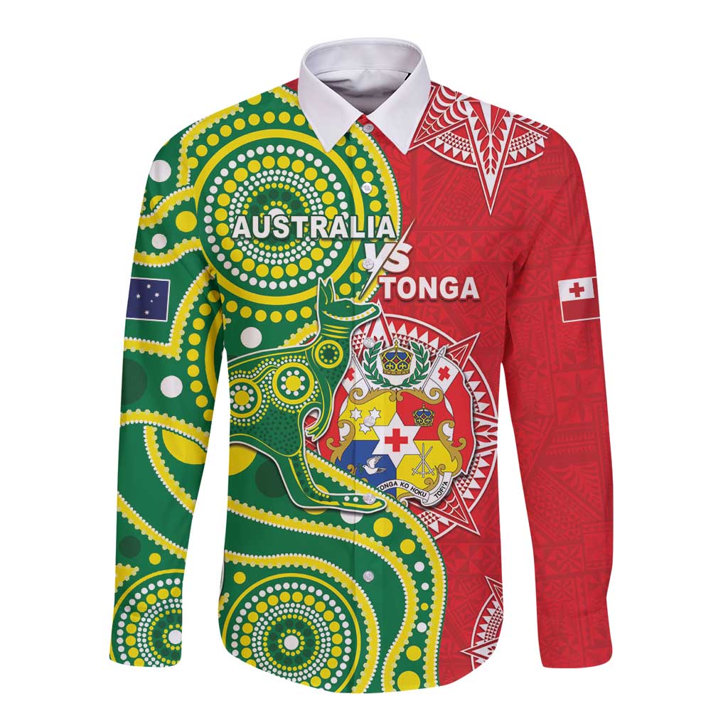 Custom Tonga Australia Rugby Long Sleeve Button Shirt Kangaroos And Tonga Mate Maa Together LT05 Unisex Green - Polynesian Pride