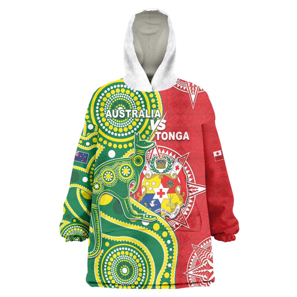 Custom Tonga Australia Rugby Wearable Blanket Hoodie Kangaroos And Tonga Mate Maa Together LT05 One Size Green - Polynesian Pride