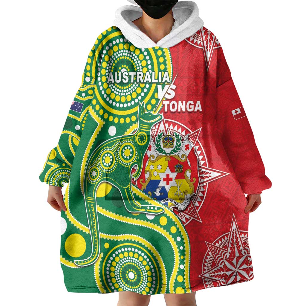 Custom Tonga Australia Rugby Wearable Blanket Hoodie Kangaroos And Tonga Mate Maa Together LT05 - Polynesian Pride