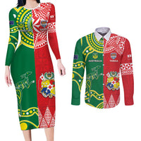 Custom Tonga XIII And Australia Kangaroos Couples Matching Long Sleeve Bodycon Dress and Long Sleeve Button Shirt Mate Maa Tongan Ngatu With Aboriginal
