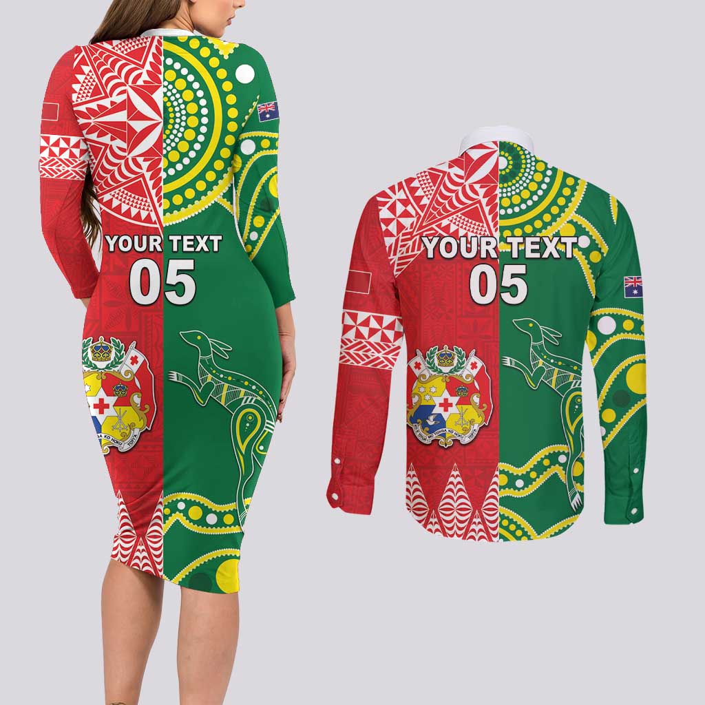 Custom Tonga XIII And Australia Kangaroos Couples Matching Long Sleeve Bodycon Dress and Long Sleeve Button Shirt Mate Maa Tongan Ngatu With Aboriginal