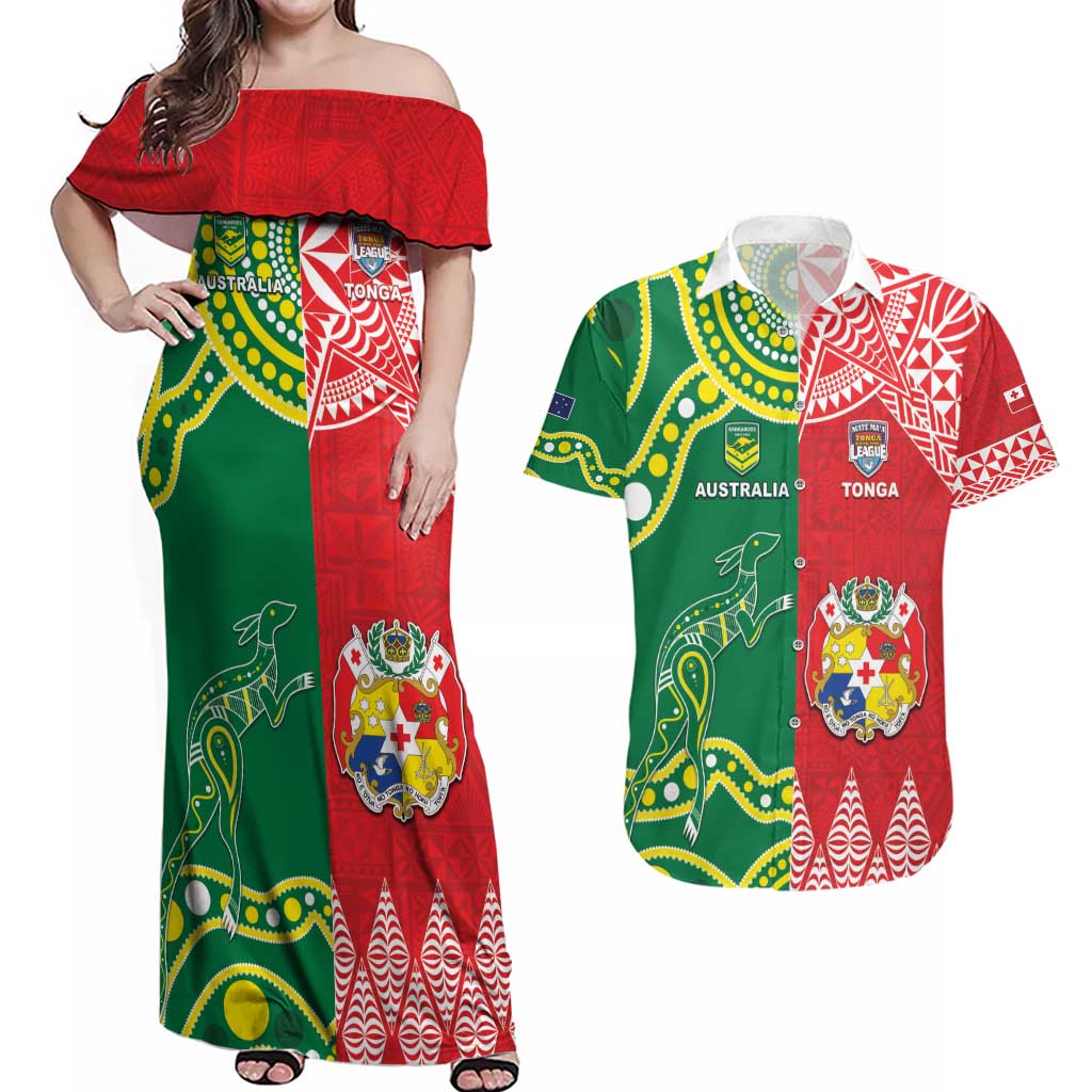 Custom Tonga XIII And Australia Kangaroos Couples Matching Off Shoulder Maxi Dress and Hawaiian Shirt Mate Maa Tongan Ngatu With Aboriginal