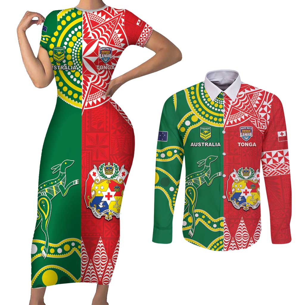 Custom Tonga XIII And Australia Kangaroos Couples Matching Short Sleeve Bodycon Dress and Long Sleeve Button Shirt Mate Maa Tongan Ngatu With Aboriginal