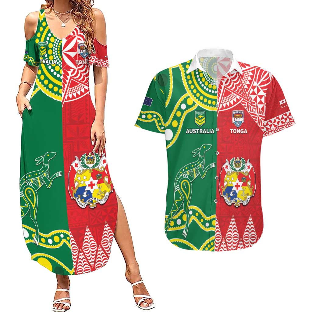 Custom Tonga XIII And Australia Kangaroos Couples Matching Summer Maxi Dress and Hawaiian Shirt Mate Maa Tongan Ngatu With Aboriginal