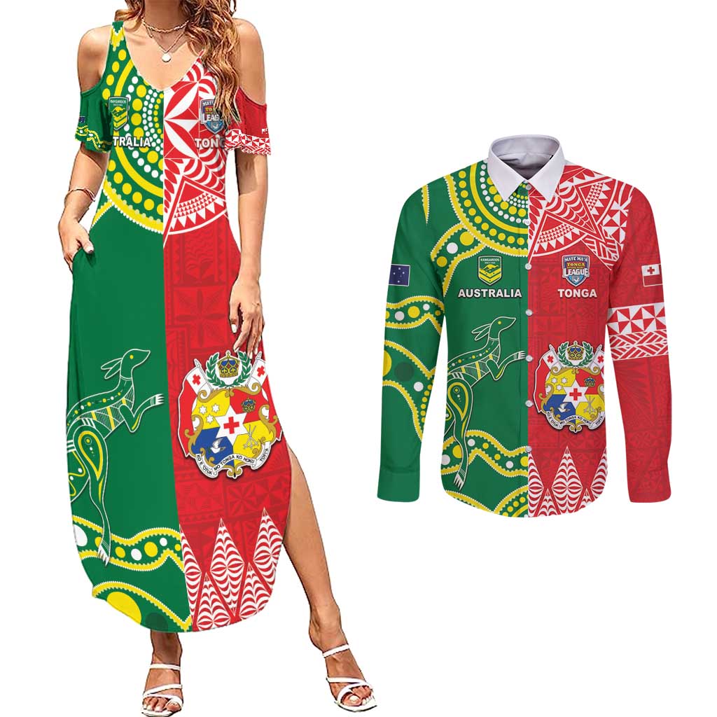 Custom Tonga XIII And Australia Kangaroos Couples Matching Summer Maxi Dress and Long Sleeve Button Shirt Mate Maa Tongan Ngatu With Aboriginal