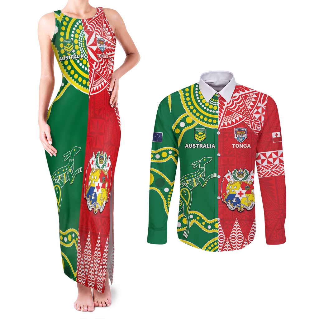 Custom Tonga XIII And Australia Kangaroos Couples Matching Tank Maxi Dress and Long Sleeve Button Shirt Mate Maa Tongan Ngatu With Aboriginal