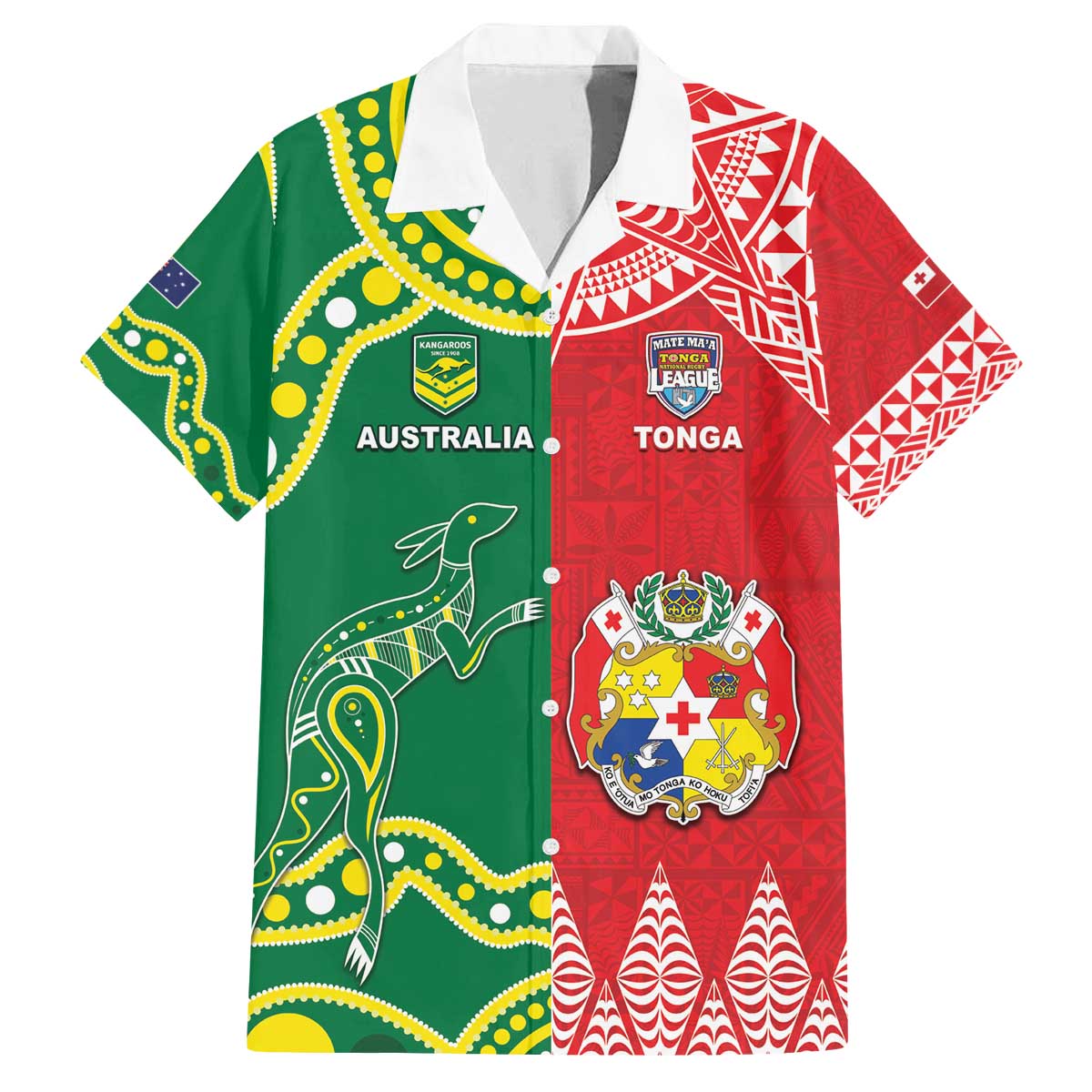Custom Tonga XIII And Australia Kangaroos Family Matching Off The Shoulder Long Sleeve Dress and Hawaiian Shirt Mate Maa Tongan Ngatu With Aboriginal LT05 Dad's Shirt - Short Sleeve Red - Polynesian Pride