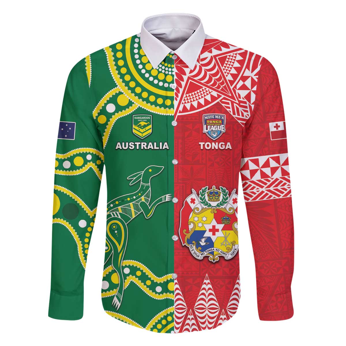 Custom Tonga XIII And Australia Kangaroos Family Matching Off The Shoulder Long Sleeve Dress and Hawaiian Shirt Mate Maa Tongan Ngatu With Aboriginal LT05 Dad's Shirt - Long Sleeve Red - Polynesian Pride