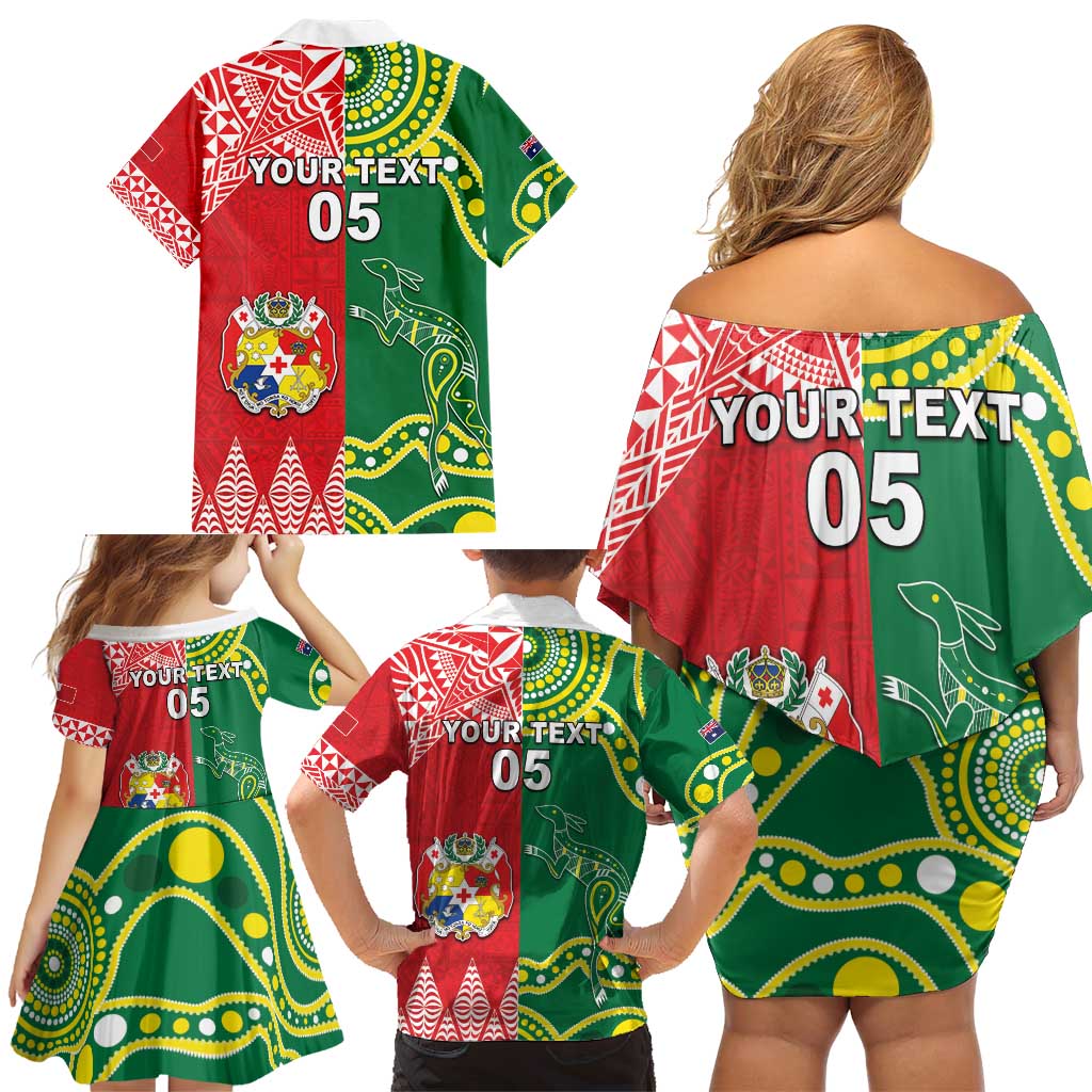Custom Tonga XIII And Australia Kangaroos Family Matching Off Shoulder Short Dress and Hawaiian Shirt Mate Maa Tongan Ngatu With Aboriginal