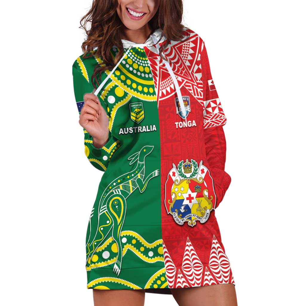 Custom Tonga XIII And Australia Kangaroos Hoodie Dress Mate Maa Tongan Ngatu With Aboriginal