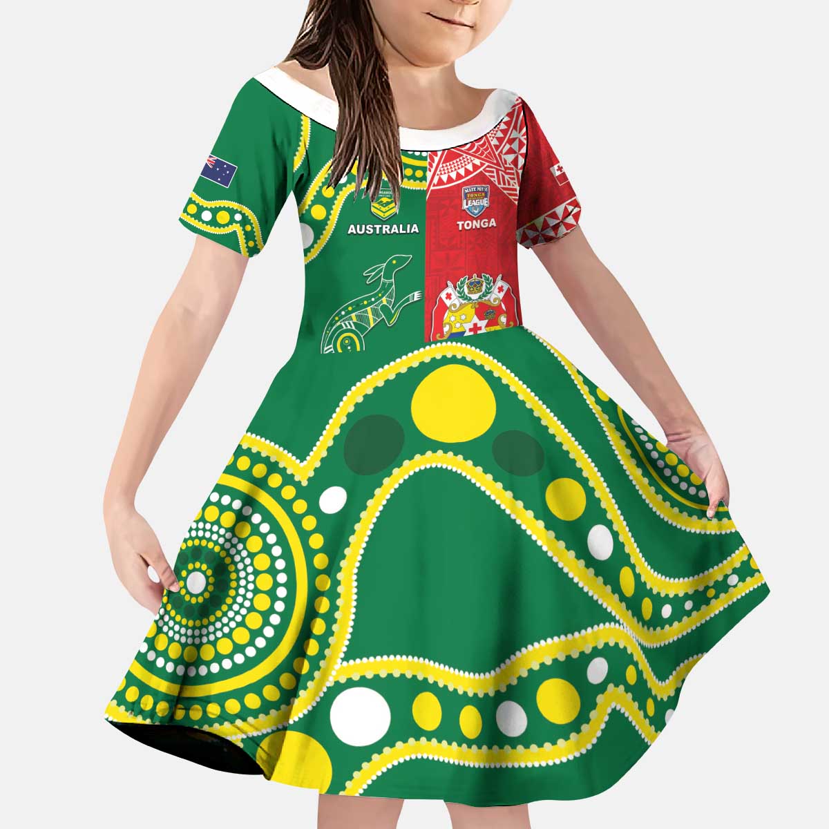 Custom Tonga XIII And Australia Kangaroos Kid Short Sleeve Dress Mate Maa Tongan Ngatu With Aboriginal