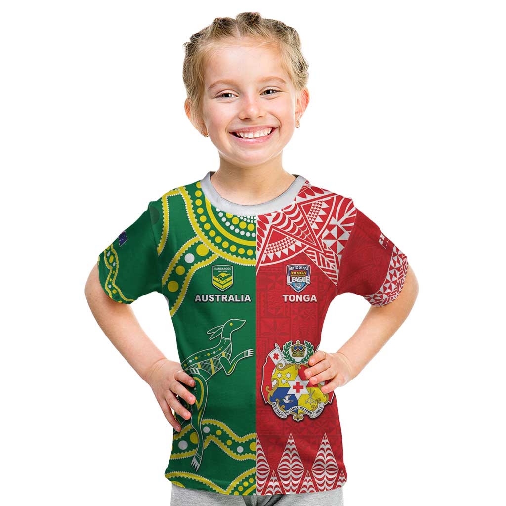 Custom Tonga XIII And Australia Kangaroos Kid T Shirt Mate Maa Tongan Ngatu With Aboriginal