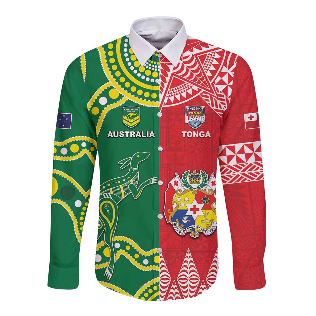 Custom Tonga XIII And Australia Kangaroos Long Sleeve Button Shirt Mate Maa Tongan Ngatu With Aboriginal LT05 Unisex Red - Polynesian Pride