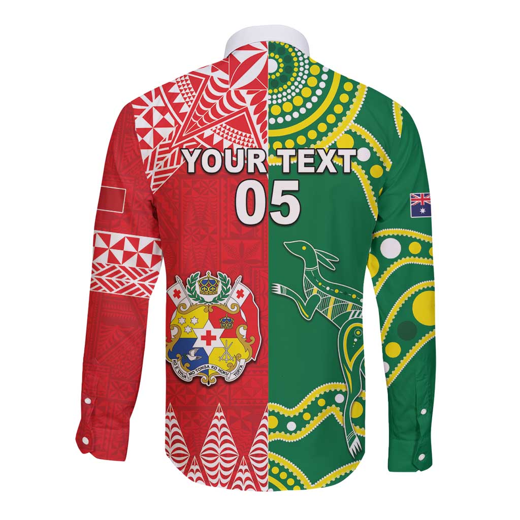 Custom Tonga XIII And Australia Kangaroos Long Sleeve Button Shirt Mate Maa Tongan Ngatu With Aboriginal LT05 - Polynesian Pride