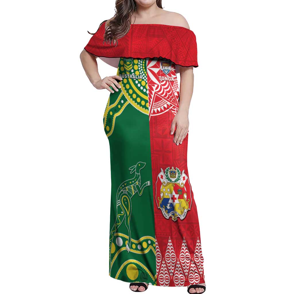 Custom Tonga XIII And Australia Kangaroos Off Shoulder Maxi Dress Mate Maa Tongan Ngatu With Aboriginal