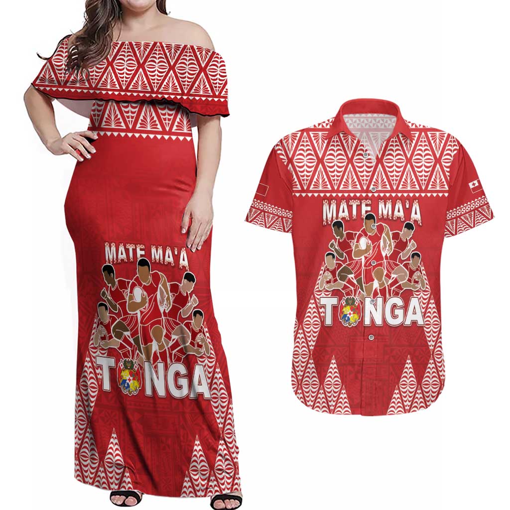 Custom Tonga Rugby Couples Matching Off Shoulder Maxi Dress and Hawaiian Shirt Tonga Mate Ma'a Take The Lead LT05 Red - Polynesian Pride