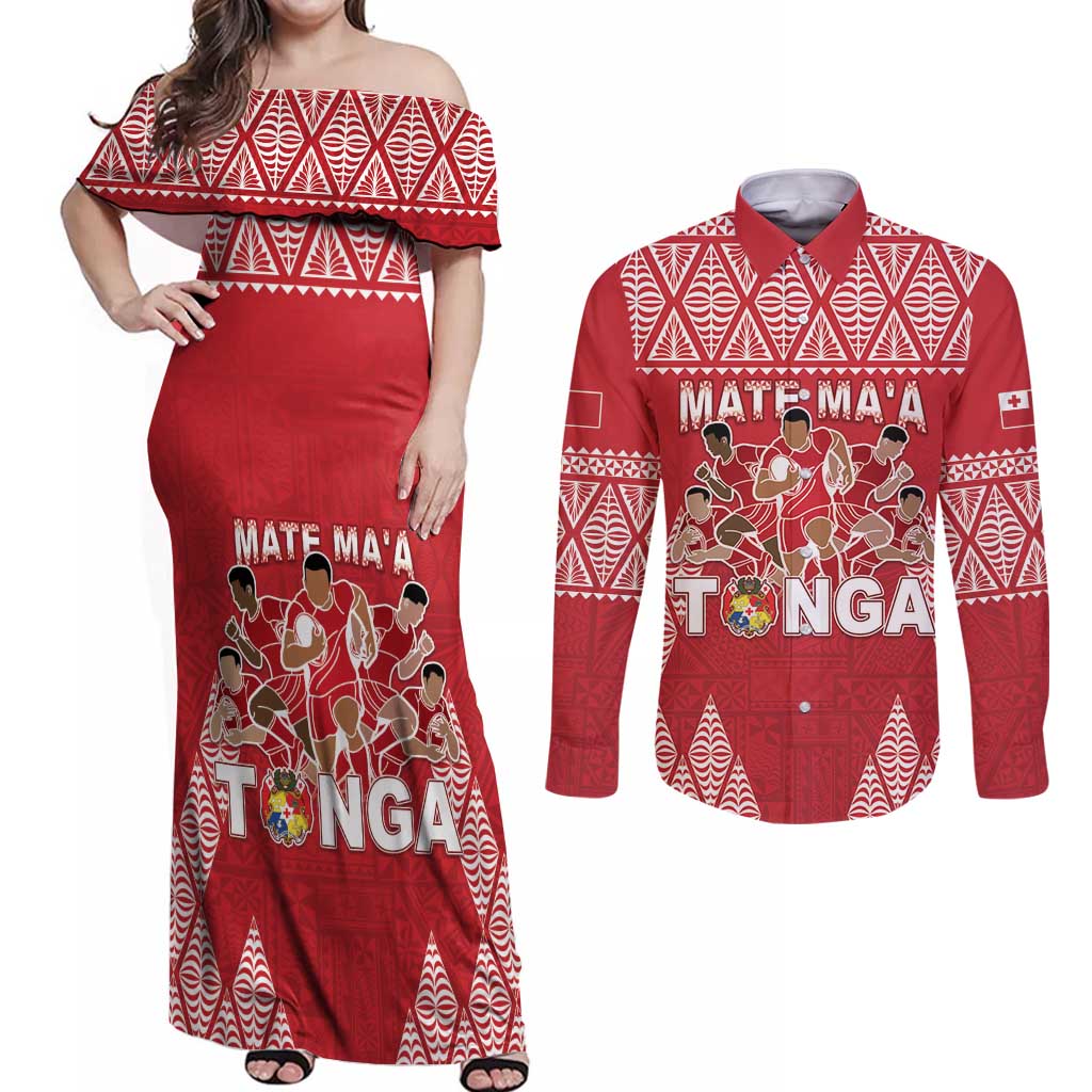 Custom Tonga Rugby Couples Matching Off Shoulder Maxi Dress and Long Sleeve Button Shirt Tonga Mate Ma'a Take The Lead