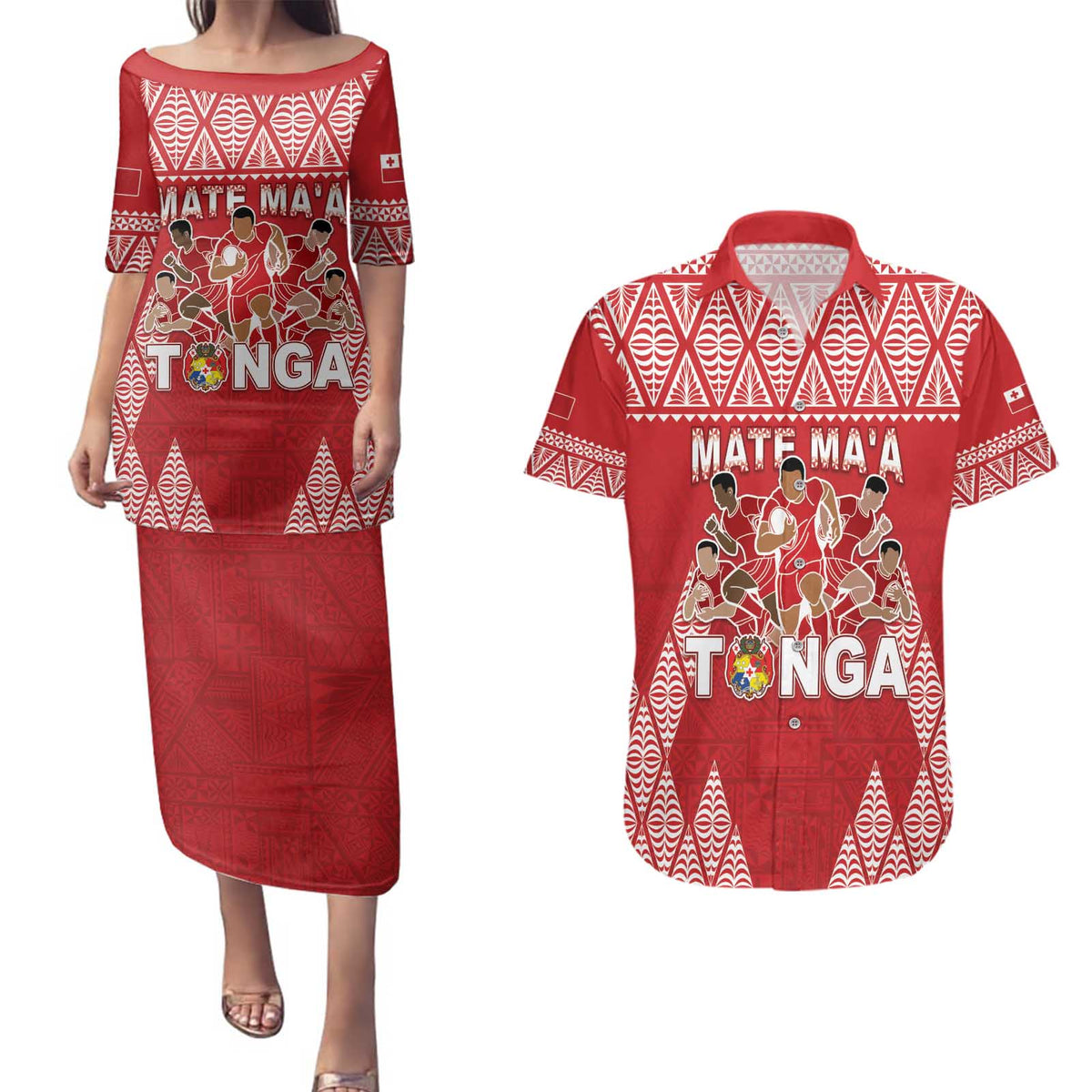 Custom Tonga Rugby Couples Matching Puletasi and Hawaiian Shirt Tonga Mate Ma'a Take The Lead