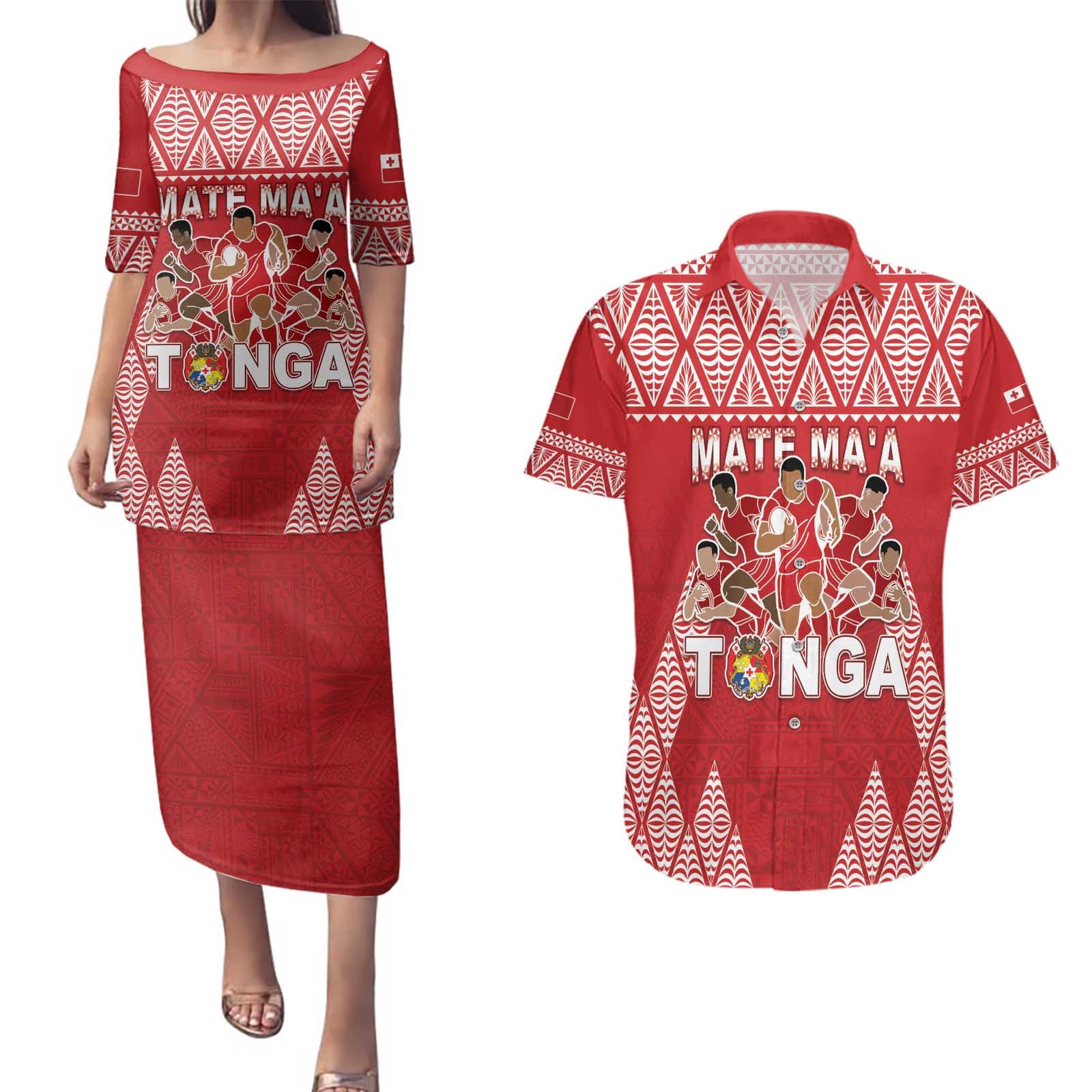 Custom Tonga Rugby Couples Matching Puletasi and Hawaiian Shirt Tonga Mate Ma'a Take The Lead
