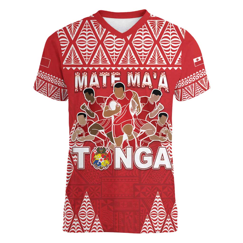Custom Tonga Rugby Women V-Neck T-Shirt Tonga Mate Ma'a Take The Lead LT05 Female Red - Polynesian Pride