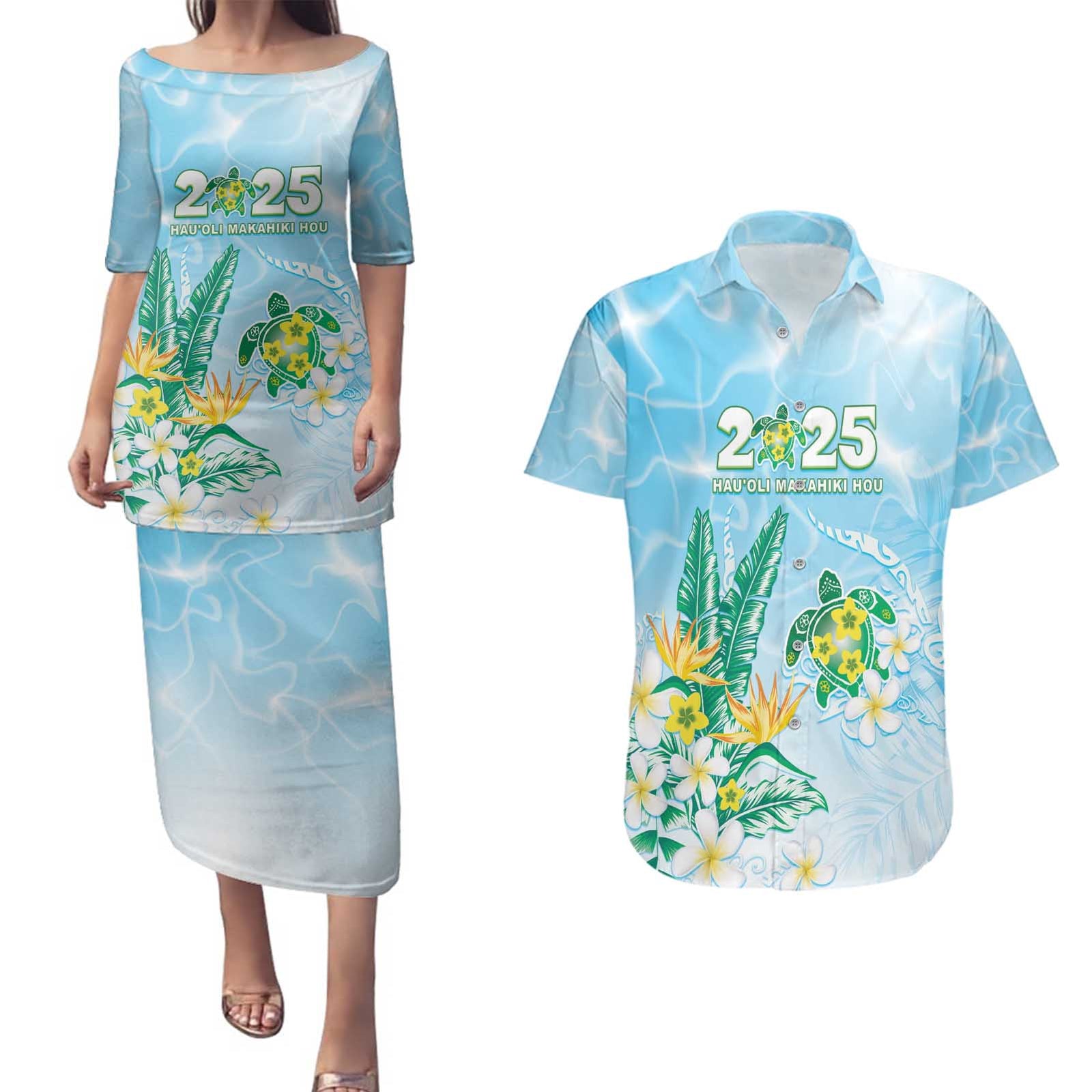Personalised 2025 Aloha Hawaii Couples Matching Puletasi and Hawaiian Shirt Tropical Flowers And Honu
