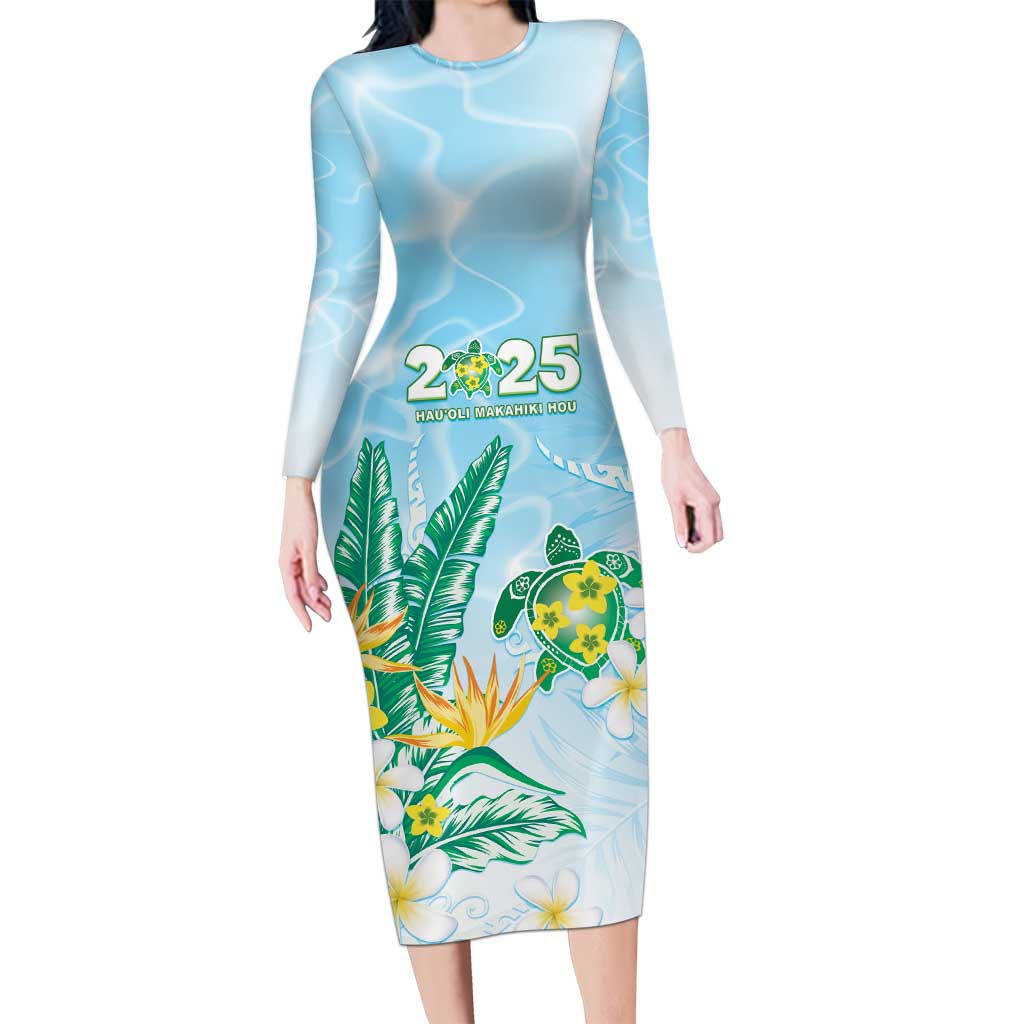 Personalised 2025 Aloha Hawaii Long Sleeve Bodycon Dress Tropical Flowers And Honu