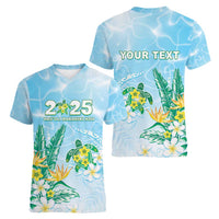 Personalised 2025 Aloha Hawaii Women V-Neck T-Shirt Tropical Flowers And Honu