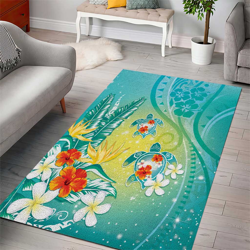 Hawaii Honu Area Rug Tropical Flowers Turquoise Gradient