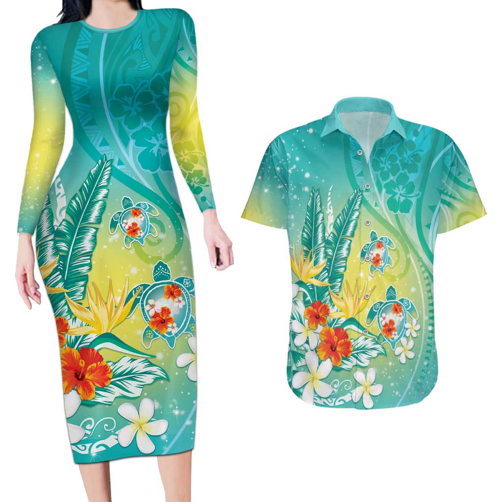 Hawaii Honu Couples Matching Long Sleeve Bodycon Dress and Hawaiian Shirt Tropical Flowers Turquoise Gradient LT05 Turquoise - Polynesian Pride