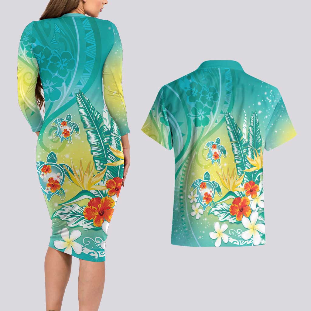 Hawaii Honu Couples Matching Long Sleeve Bodycon Dress and Hawaiian Shirt Tropical Flowers Turquoise Gradient LT05 - Polynesian Pride