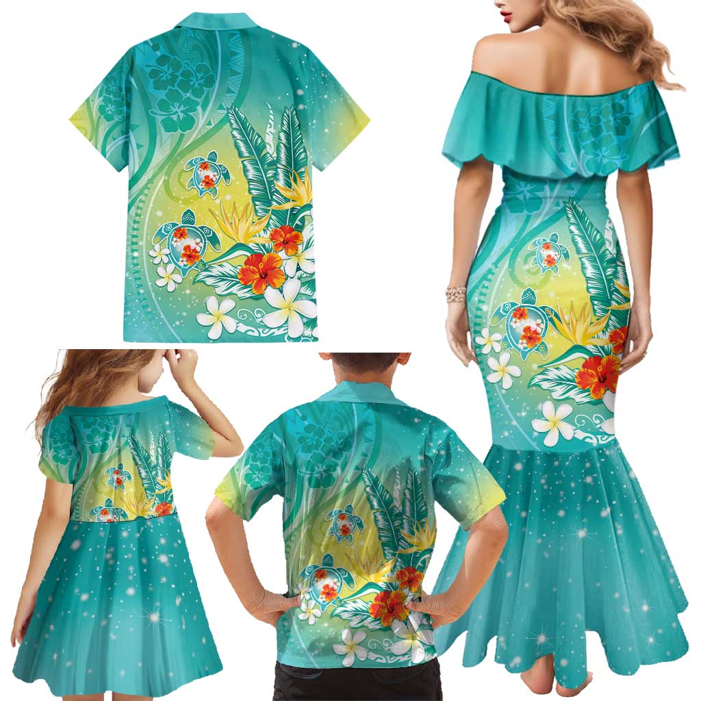 Hawaii Honu Family Matching Mermaid Dress and Hawaiian Shirt Tropical Flowers Turquoise Gradient