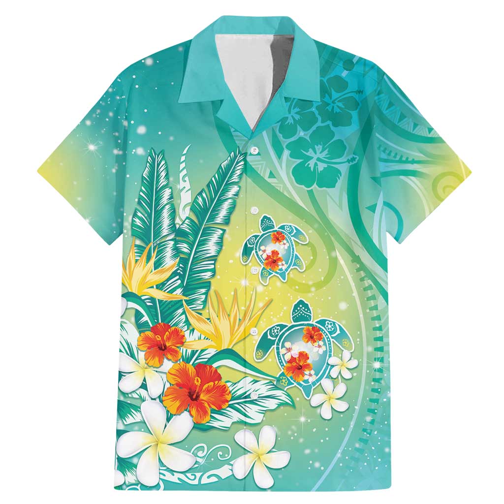 Hawaii Honu Family Matching Mermaid Dress and Hawaiian Shirt Tropical Flowers Turquoise Gradient
