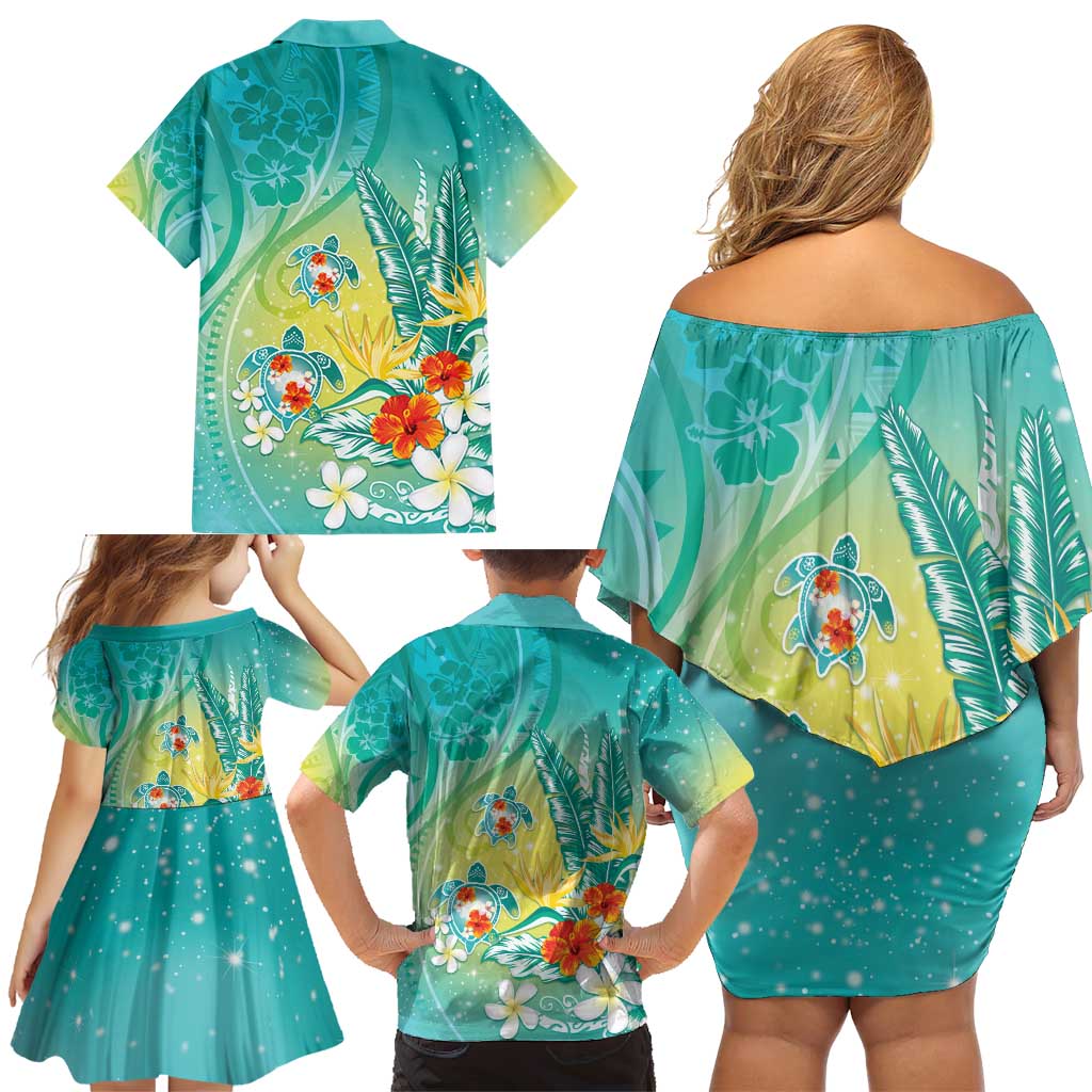 Hawaii Honu Family Matching Off Shoulder Short Dress and Hawaiian Shirt Tropical Flowers Turquoise Gradient