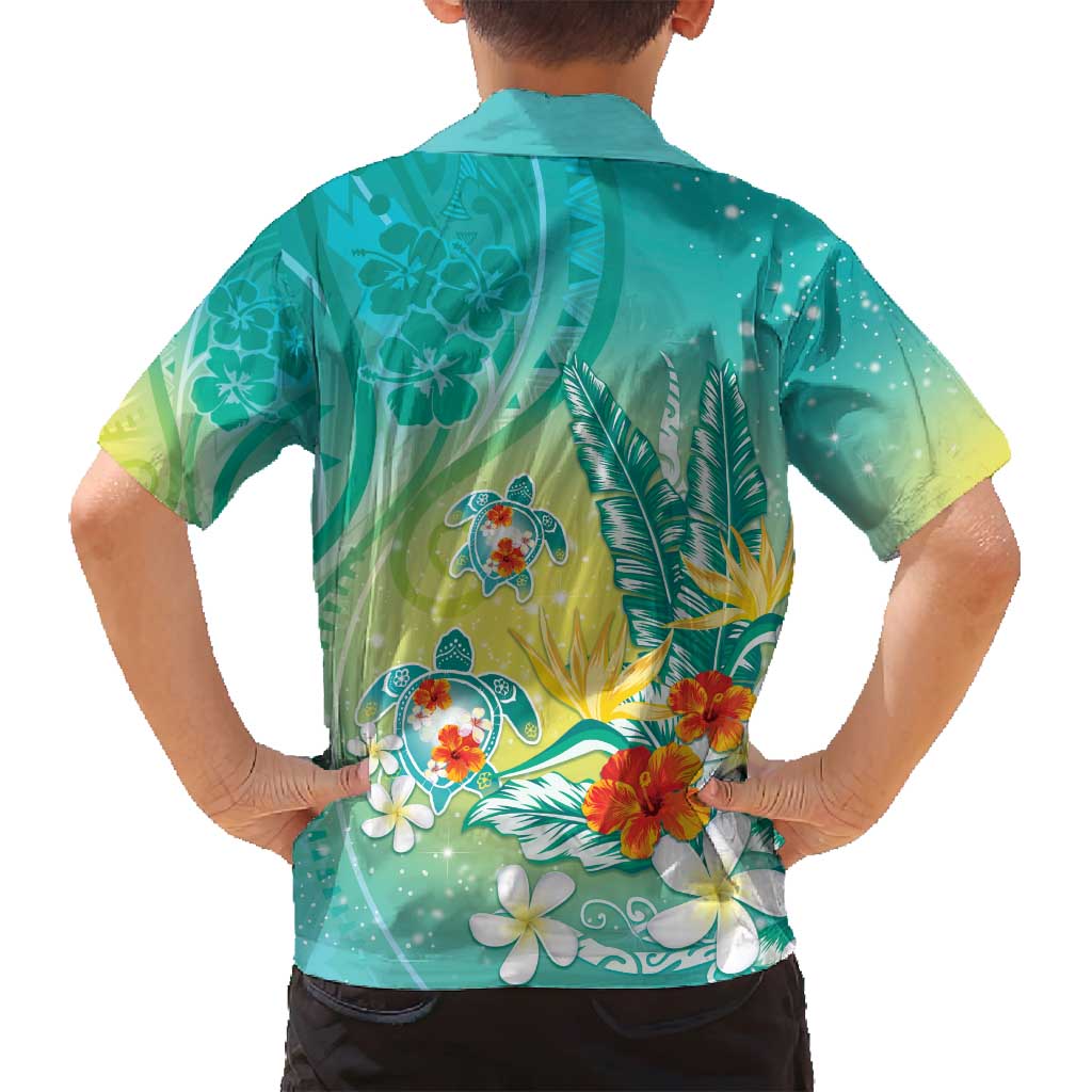 Hawaii Honu Family Matching Puletasi and Hawaiian Shirt Tropical Flowers Turquoise Gradient LT05 - Polynesian Pride
