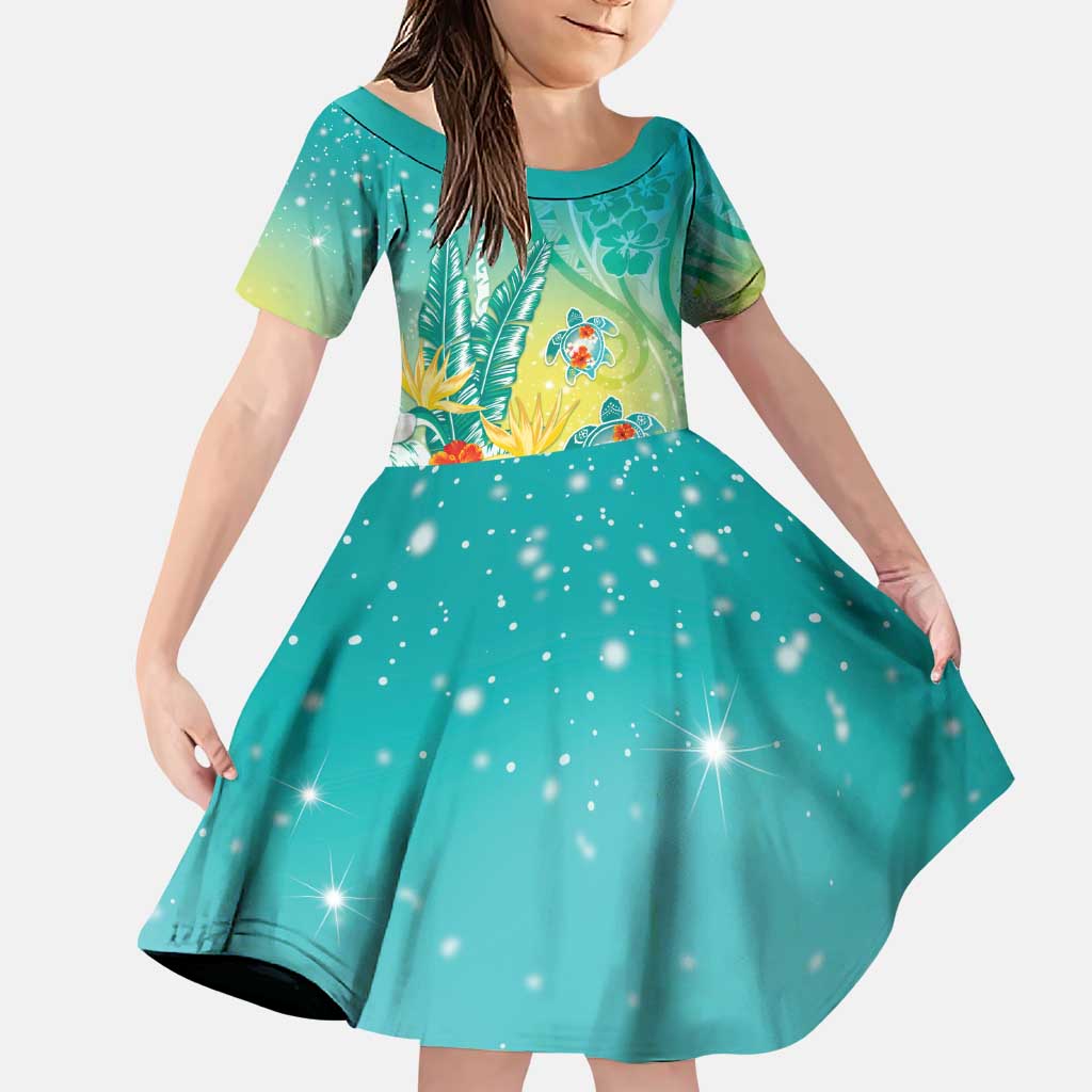 Hawaii Honu Family Matching Puletasi and Hawaiian Shirt Tropical Flowers Turquoise Gradient LT05 Daughter's Dress Turquoise - Polynesian Pride