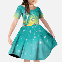 Hawaii Honu Family Matching Puletasi and Hawaiian Shirt Tropical Flowers Turquoise Gradient LT05 Daughter's Dress Turquoise - Polynesian Pride