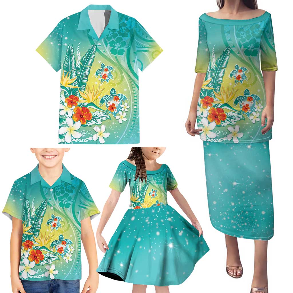 Hawaii Honu Family Matching Puletasi and Hawaiian Shirt Tropical Flowers Turquoise Gradient LT05 - Polynesian Pride
