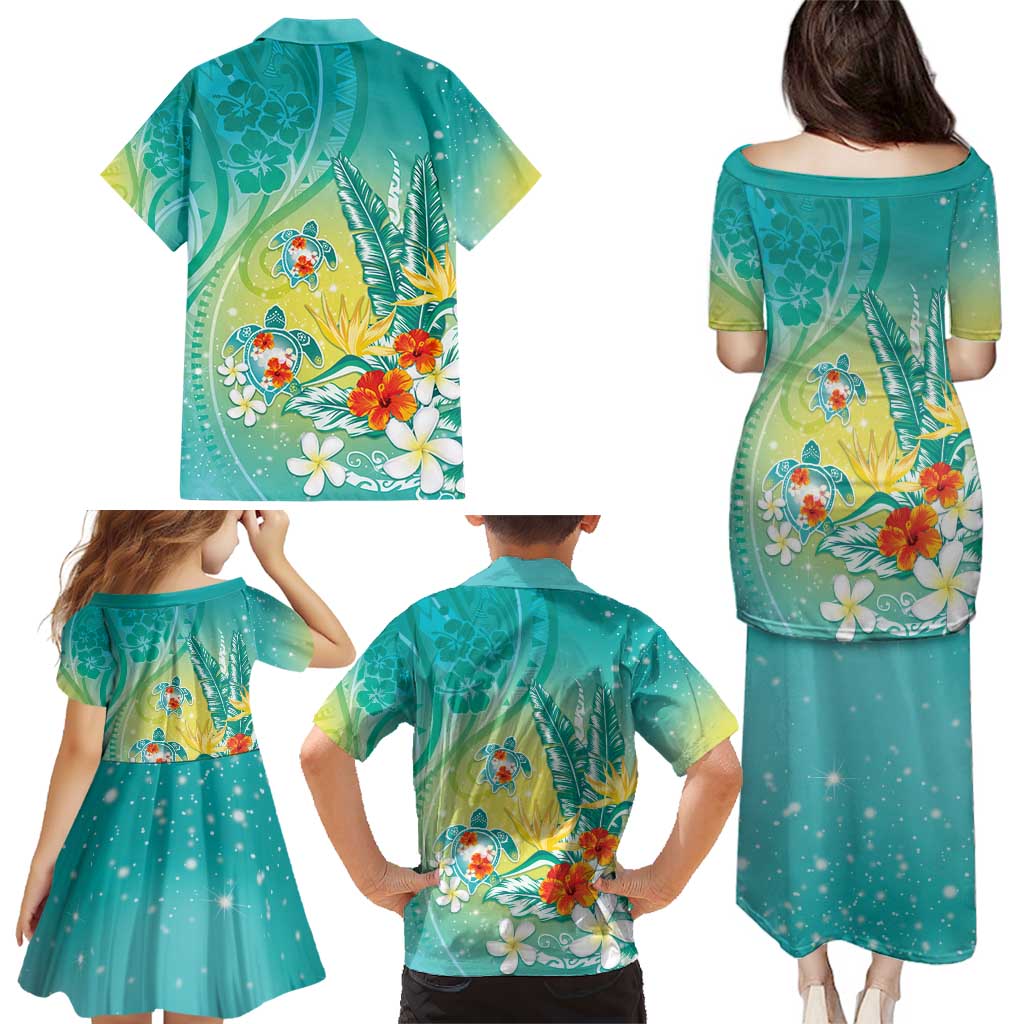 Hawaii Honu Family Matching Puletasi and Hawaiian Shirt Tropical Flowers Turquoise Gradient LT05 - Polynesian Pride