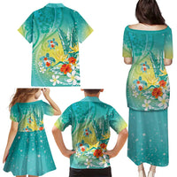 Hawaii Honu Family Matching Puletasi and Hawaiian Shirt Tropical Flowers Turquoise Gradient LT05 - Polynesian Pride
