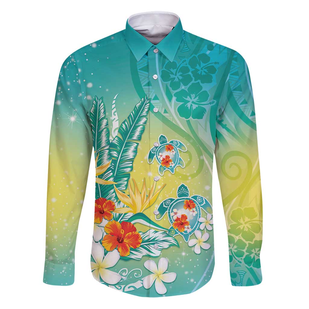 Hawaii Honu Family Matching Puletasi and Hawaiian Shirt Tropical Flowers Turquoise Gradient LT05 Dad's Shirt - Long Sleeve Turquoise - Polynesian Pride