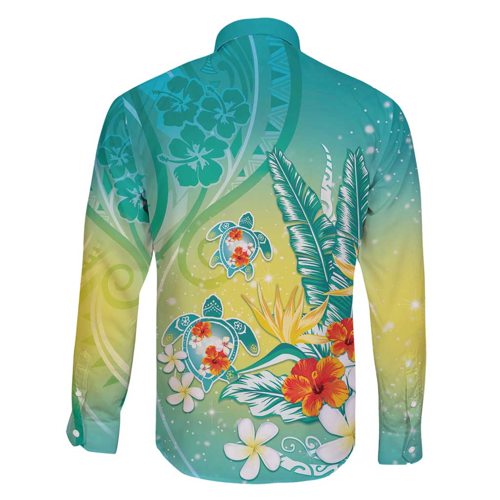 Hawaii Honu Family Matching Puletasi and Hawaiian Shirt Tropical Flowers Turquoise Gradient LT05 - Polynesian Pride