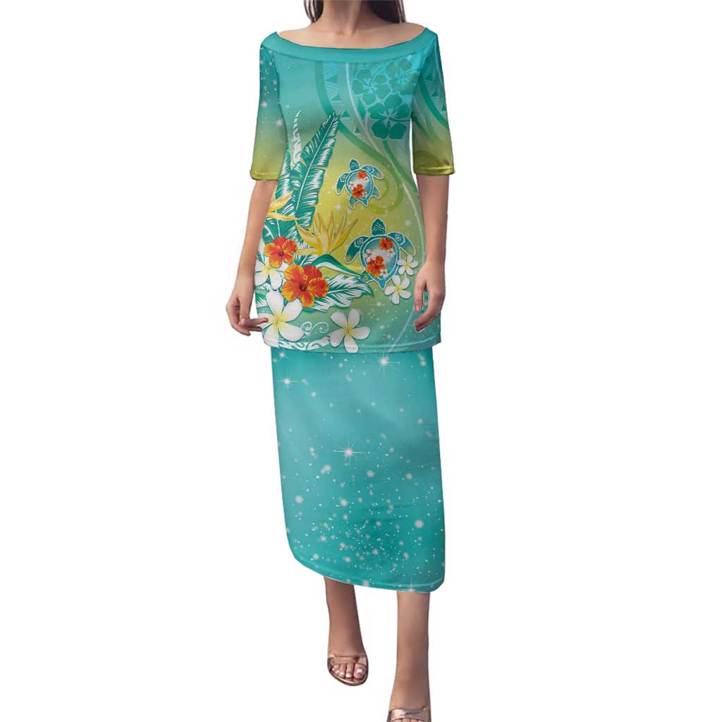 Hawaii Honu Family Matching Puletasi and Hawaiian Shirt Tropical Flowers Turquoise Gradient LT05 Mom's Dress Turquoise - Polynesian Pride