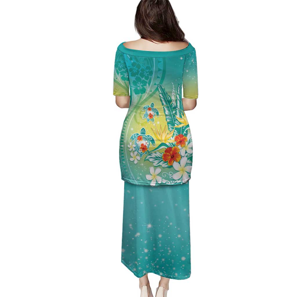 Hawaii Honu Family Matching Puletasi and Hawaiian Shirt Tropical Flowers Turquoise Gradient LT05 - Polynesian Pride