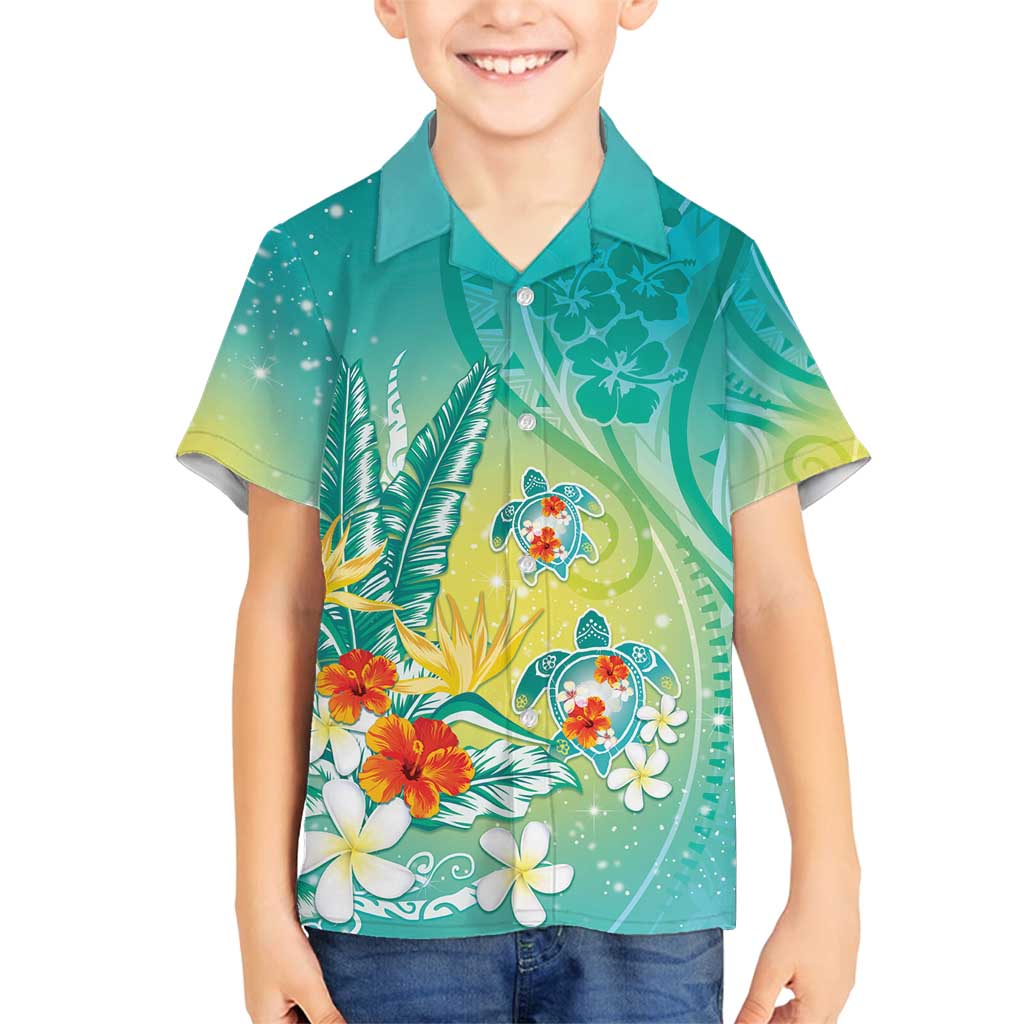 Hawaii Honu Family Matching Puletasi and Hawaiian Shirt Tropical Flowers Turquoise Gradient LT05 Son's Shirt Turquoise - Polynesian Pride