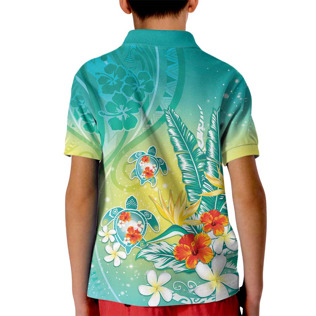 Hawaii Honu Kid Polo Shirt Tropical Flowers Turquoise Gradient