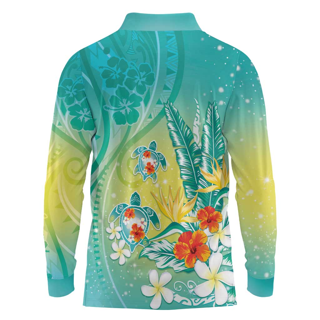 Hawaii Honu Long Sleeve Polo Shirt Tropical Flowers Turquoise Gradient