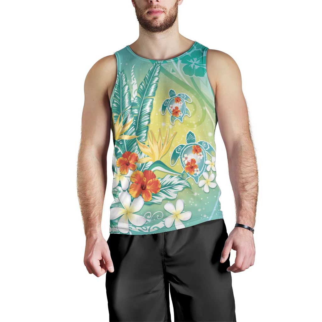 Hawaii Honu Men Tank Top Tropical Flowers Turquoise Gradient