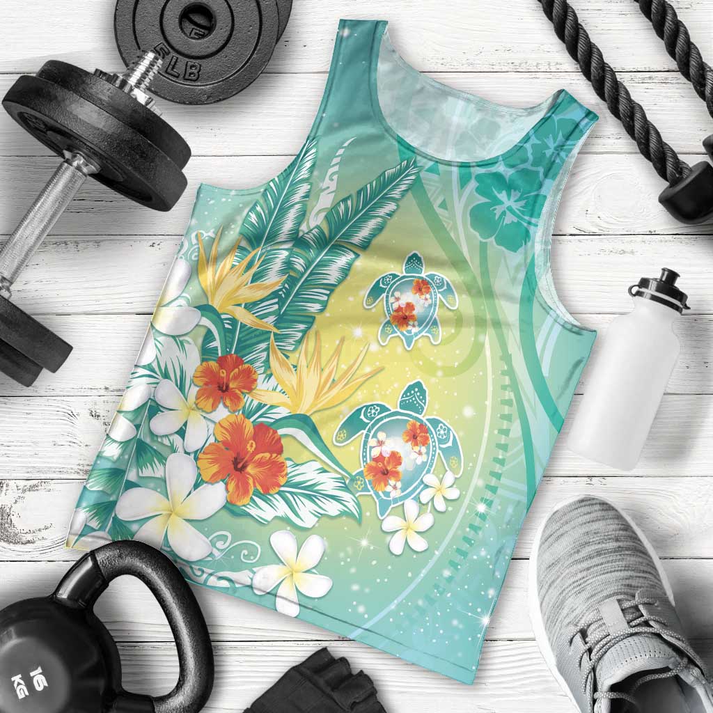 Hawaii Honu Men Tank Top Tropical Flowers Turquoise Gradient
