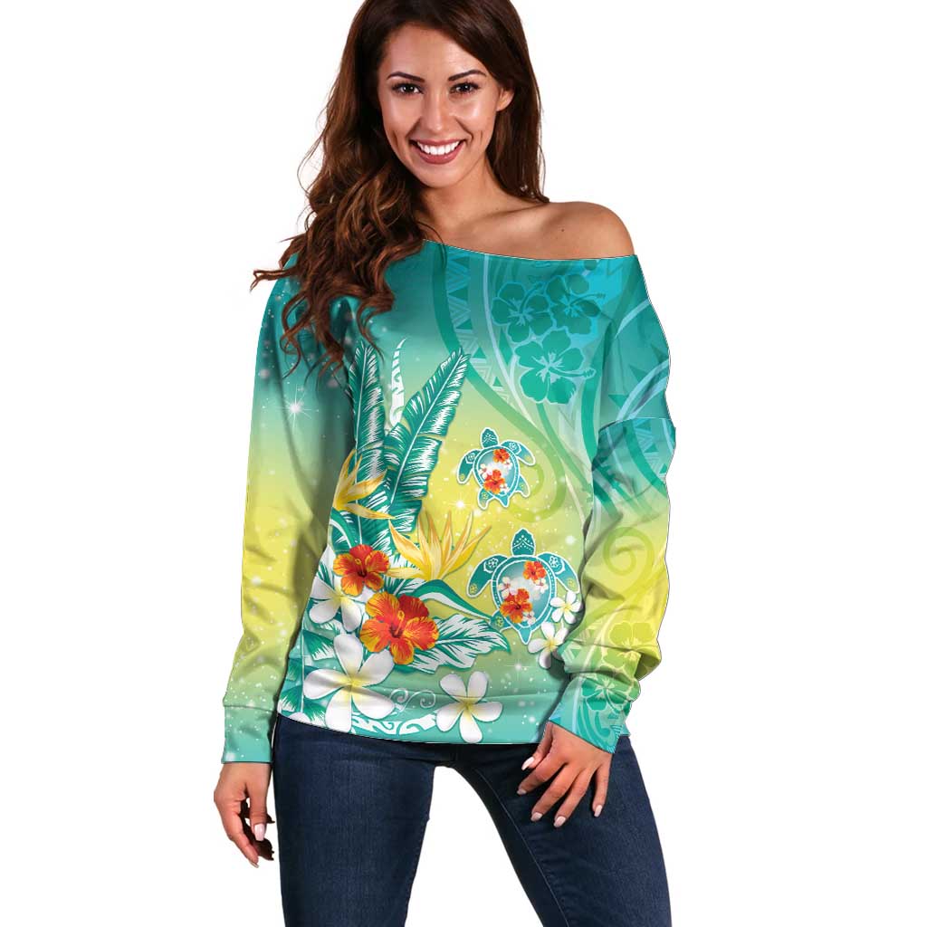 Hawaii Honu Off Shoulder Sweater Tropical Flowers Turquoise Gradient