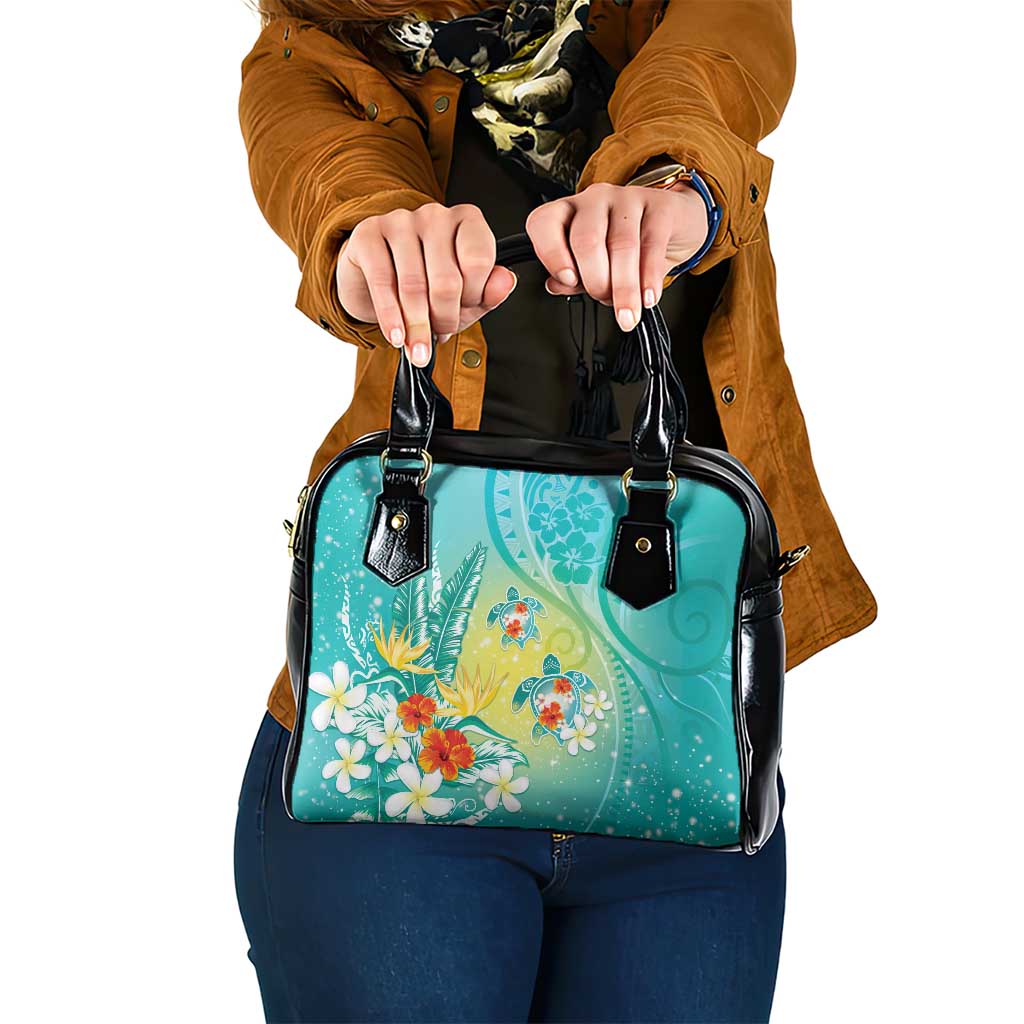 Hawaii Honu Shoulder Handbag Tropical Flowers Turquoise Gradient